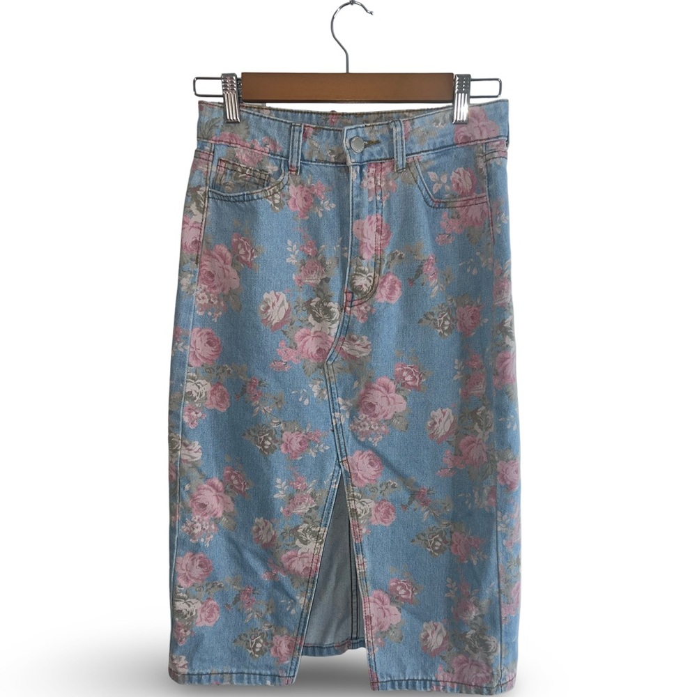 Vintage Looking Denim Blue and Pink Midi Pencil Skirt with Slit